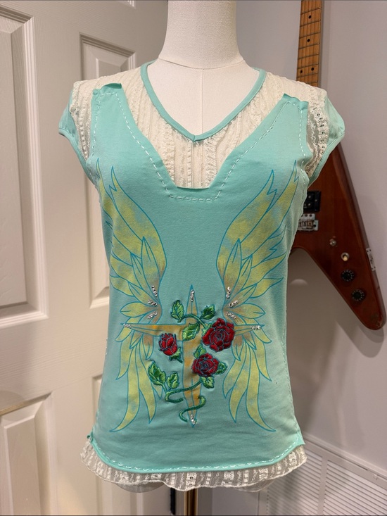 Runway 101 Tops - Romantic Mint Winged Graphic V-Neck Tank